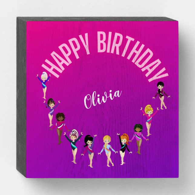 Gymnastics Friends "Happy Birthday" Pink Purple   Wooden Box Sign (Front Horizontal)