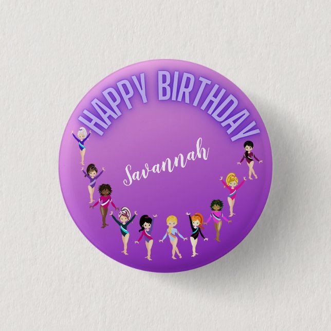 Gymnastics Friends "Happy Birthday" Purple Ombre  Button (Front)