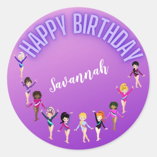 Gymnastics Friends Happy Birthday Purple Ombre   Classic Round Sticker