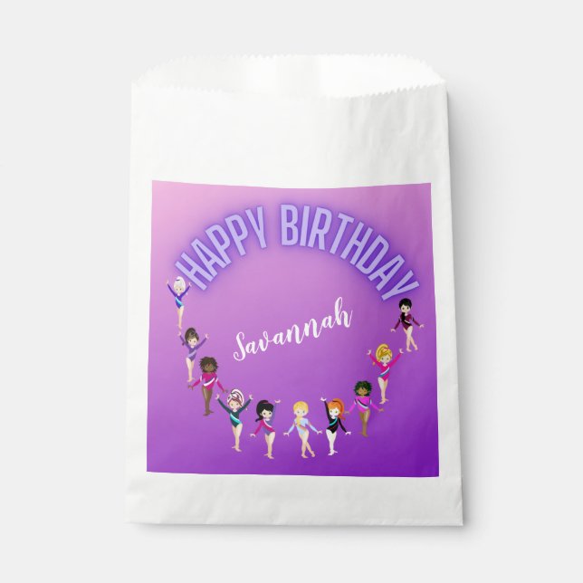 Gymnastics Friends "Happy Birthday" Purple Ombre   Favor Bag (Front)