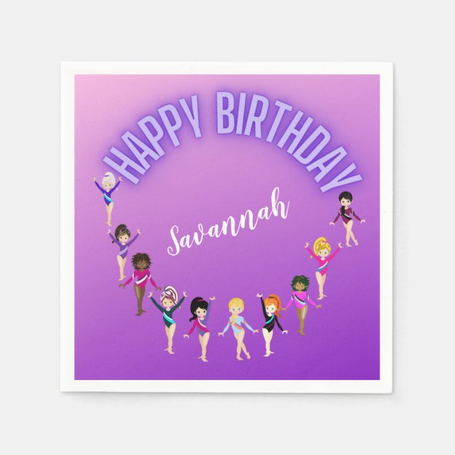 Gymnastics Friends "Happy Birthday" Purple Ombre   Napkins (Front)