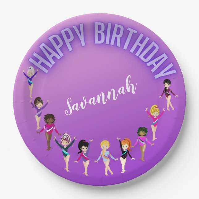 Gymnastics Friends "Happy Birthday" Purple Ombre Paper Plates (Front)