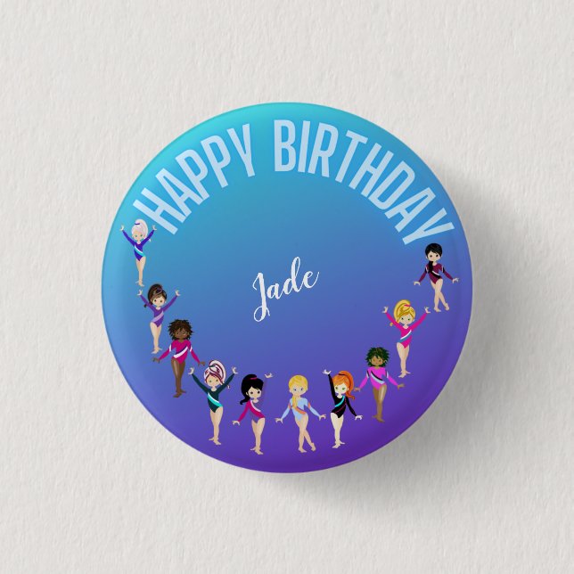 Gymnastics Friends "Happy Birthday" Turquoise   Button (Front)