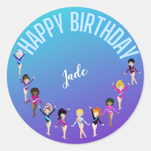 Gymnastics Friends Happy Birthday Turquoise   Classic Round Sticker