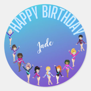 Gymnastics Friends "Happy Birthday" Turquoise Classic Round Sticker