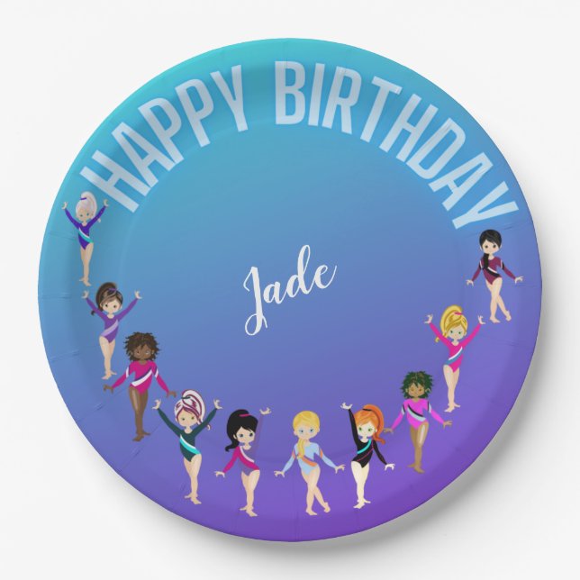 Gymnastics Friends "Happy Birthday" Turquoise   Paper Plates (Front)