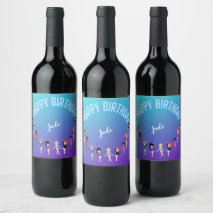 Gymnastics Friends "Happy Birthday" Turquoise    Wine Label