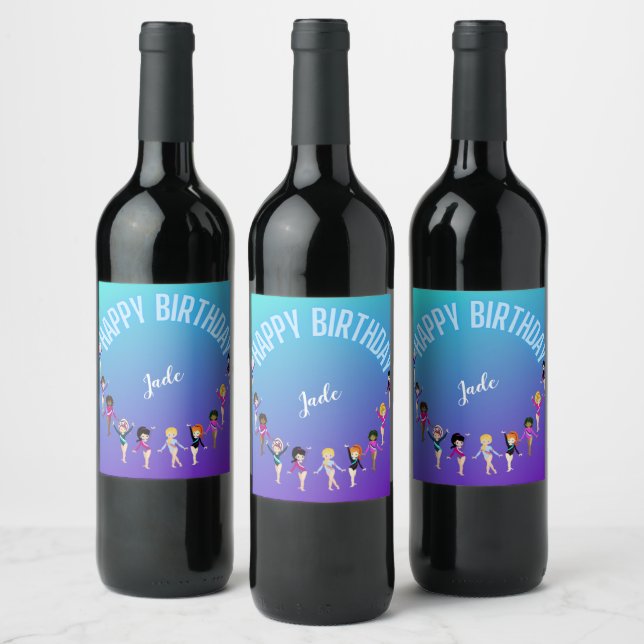 Gymnastics Friends "Happy Birthday" Turquoise    Wine Label (Bottles)