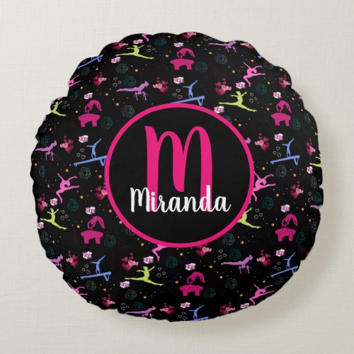 Gymnastics Fun Print Monogrammed  Round Pillow