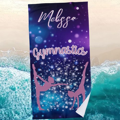 Gymnastics Galaxy Purple Turquoise Personalized Beach Towel
