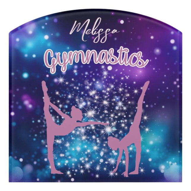 Gymnastics Galaxy Purple Turquoise Personalized Door Sign (Contour Front)