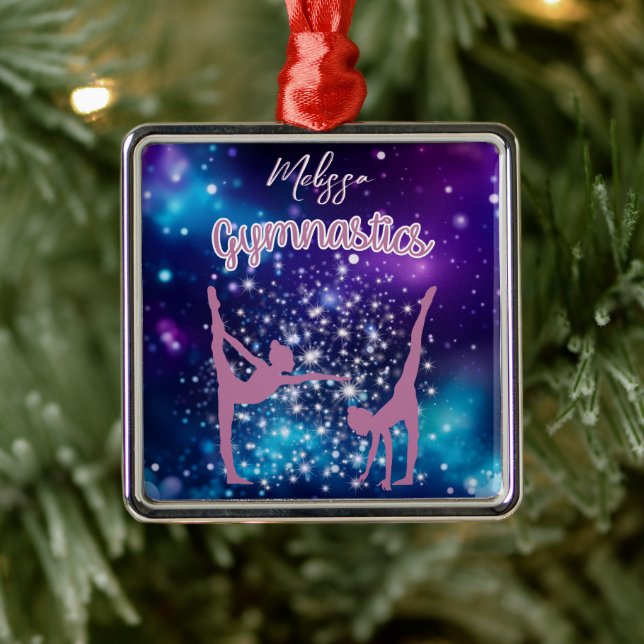 Gymnastics Galaxy Purple Turquoise Personalized Metal Ornament (Tree)