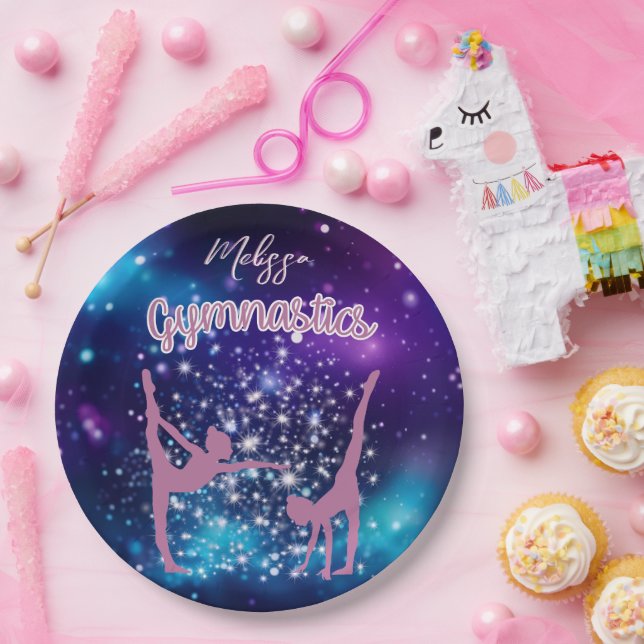 Gymnastics Galaxy Purple Turquoise Personalized Paper Plates (Party)