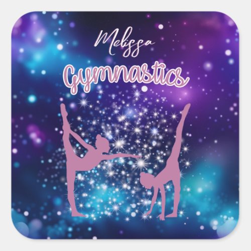 Gymnastics Galaxy Purple Turquoise Personalized Square Sticker