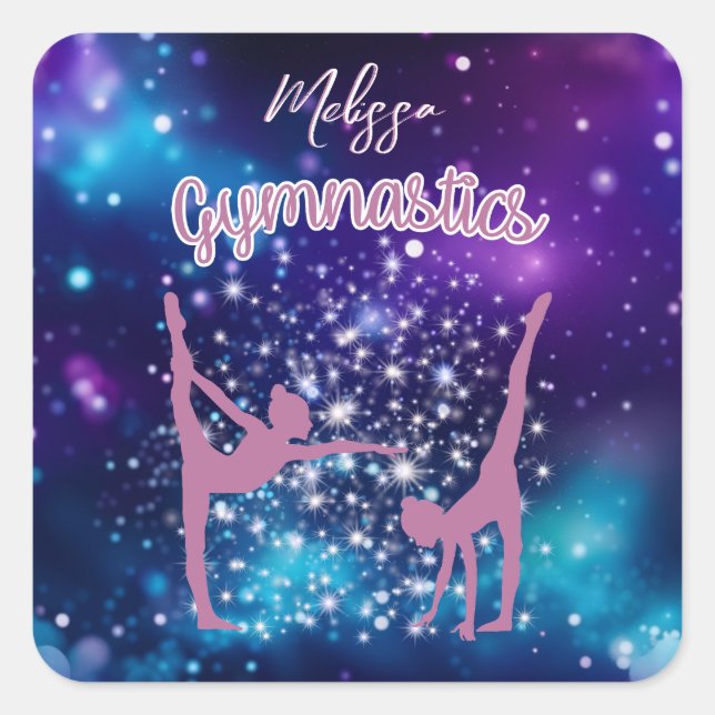 Gymnastics Galaxy Purple Turquoise Personalized Square Sticker (Front)