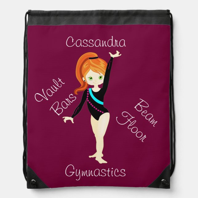 Gymnastics Ginger Hair, Green Eyes, Black Leo   Drawstring Bag (Front)