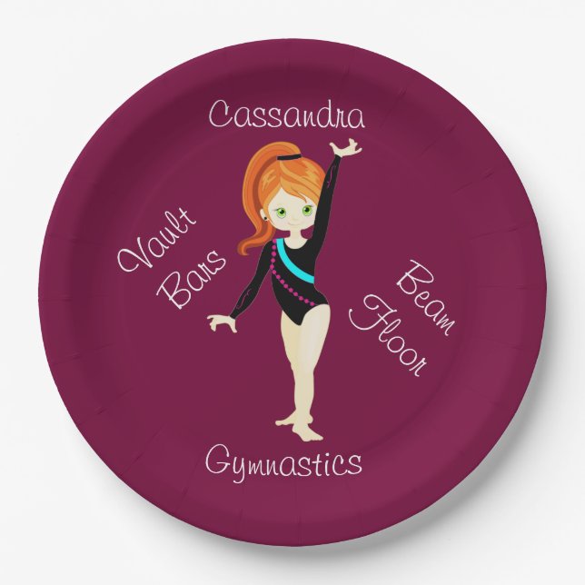Gymnastics Ginger Hair, Green Eyes, Black Leo     Paper Plates (Front)