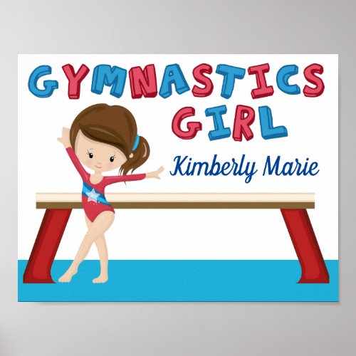 Gymnastics Girl Blue Monogram Cute Gymnast Room Poster