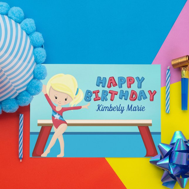 Gymnastics Girl Cute Blond Gymnast Birthday Card (Creator Uploaded)