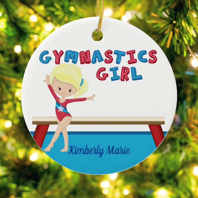 Gymnastics Girl Cute Blonde Gymnast Personalized Ceramic Ornament (Creator Uploaded)