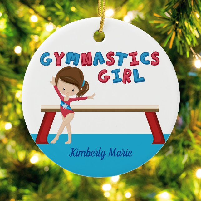 Gymnastics Girl Cute Blue Monogram Gymnast Ceramic Ornament (Creator Uploaded)