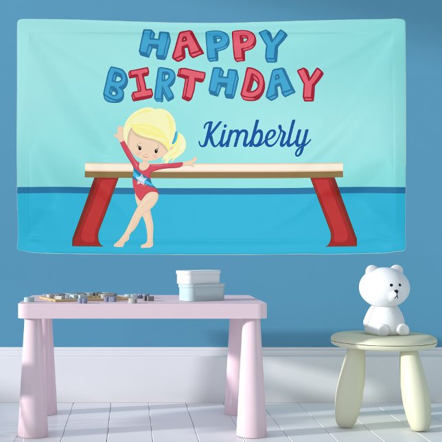 Gymnastics Girl Cute Custom Kids Birthday Party Banner (Creator Uploaded)