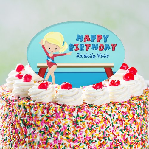 Gymnastics Girl Gymnast Custom Blue Birthday Party Cake Topper