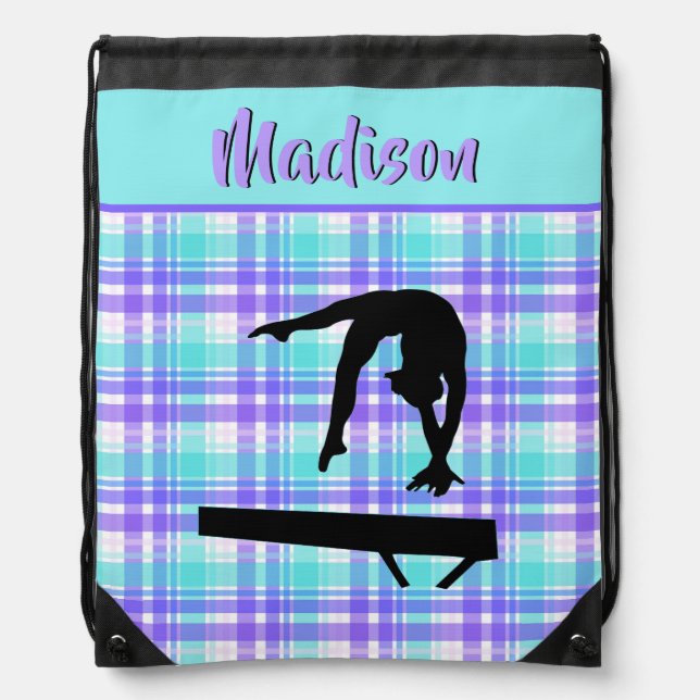 Gymnastics Girl Lilac Purple and Aqua Personalized Drawstring Bag (Front)
