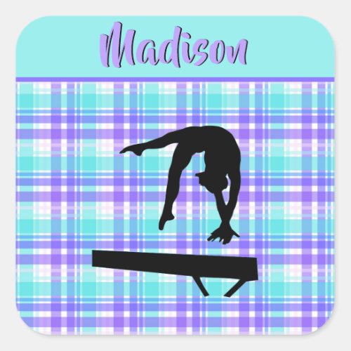 Gymnastics Girl Lilac Purple and Aqua Personalized Square Sticker