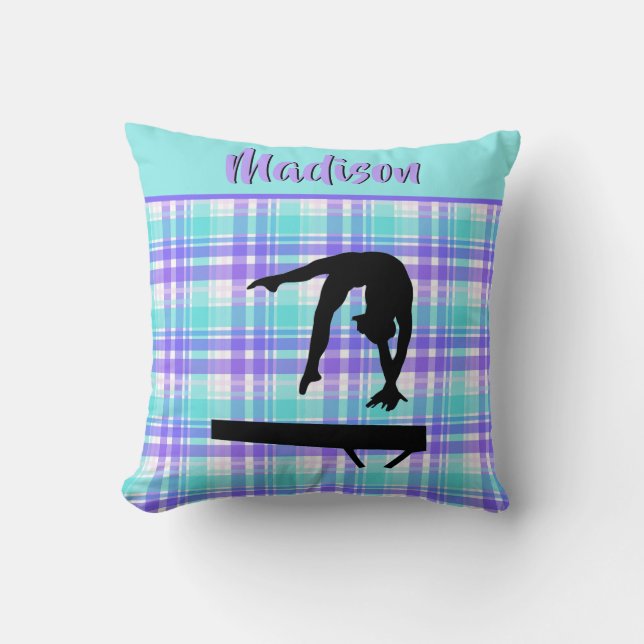 Gymnastics Girl Lilac Purple and Aqua Personalized Throw Pillow (Front)