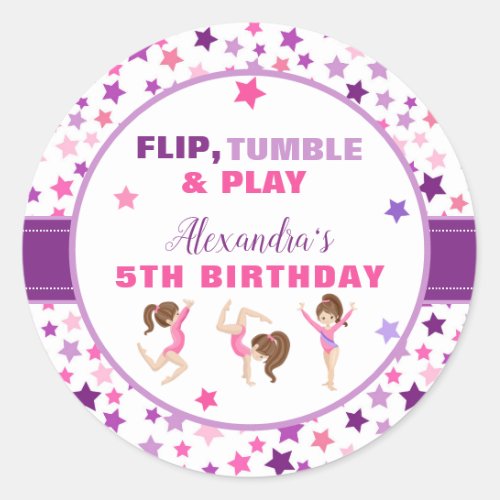 Gymnastics Girl Stars Birthday Party Classic Round Sticker