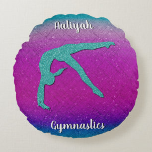 Gymnastics Girl Turquoise Magenta Ombre Round Pillow