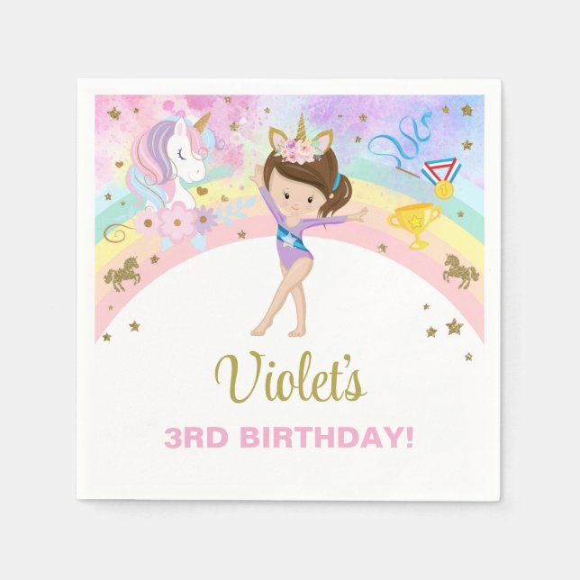 Gymnastics girl & unicorn birthday paper napkins. napkins (Front)