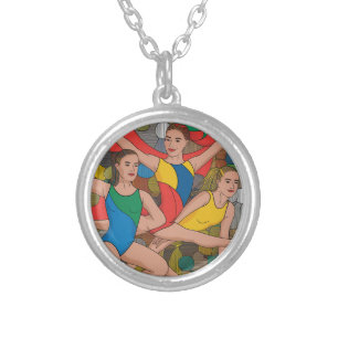 Gymnastics Girls Acro Dancers colorful pattern Silver Plated Necklace