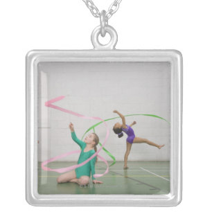 Gymnastics girls dancing with ribbons silver plated necklace