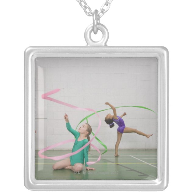 Gymnastics girls dancing with ribbons silver plated necklace (Front)