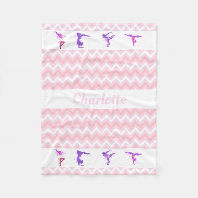 Gymnastics Girls Personalized Name Pink Chevrons Fleece Blanket (Front)