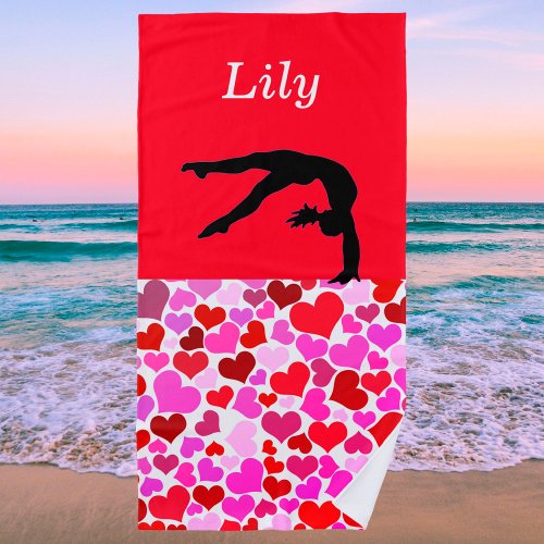 Gymnastics Girls Valentines Hearts Beach Towel