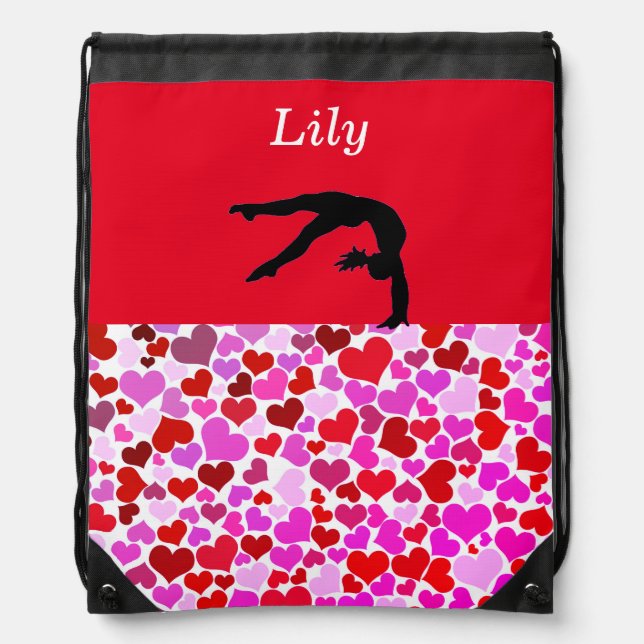 Gymnastics Girls Valentine's Hearts  Drawstring Bag (Front)