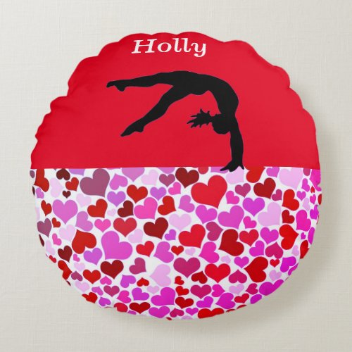 Gymnastics Girls Valentines Hearts Round Pillow