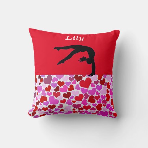 Gymnastics Girls Valentines Hearts Throw Pillow