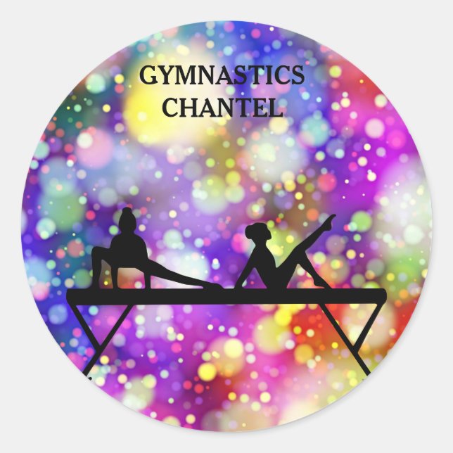 Gymnastics glossy stickers.  Personalized name. Classic Round Sticker (Front)