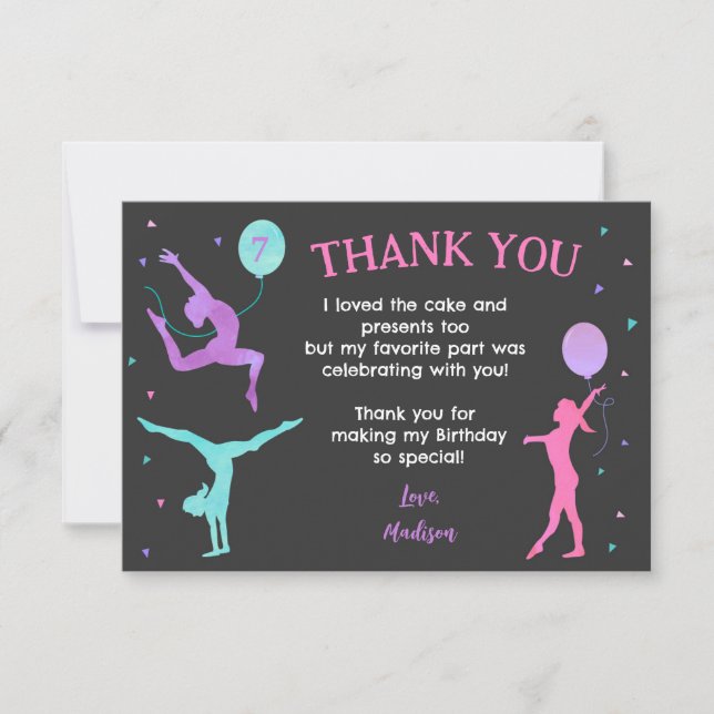 Gymnastics Gymnast Birthday Party Thank You Cards (Front)