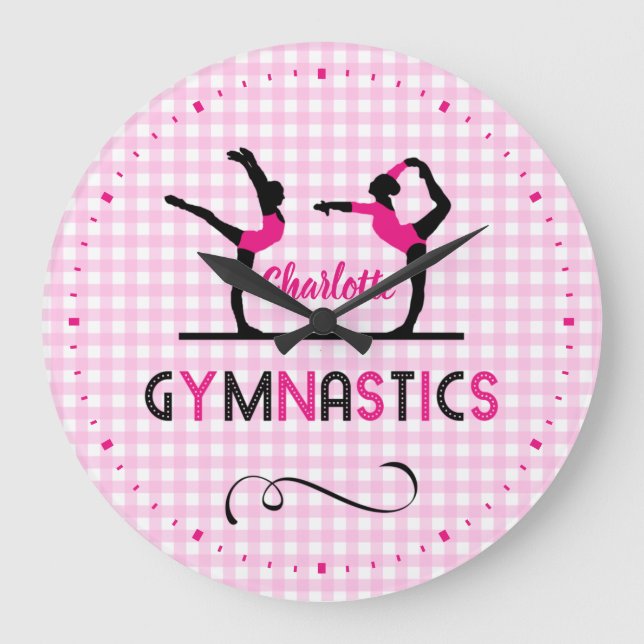 Gymnastics Gymnast Figures Cute Pink Personalized Large Clock (Front)