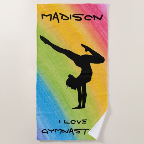 Gymnastics Handstand Rainbow Funky Sketch Font  Beach Towel