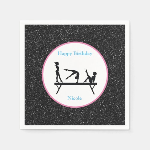 Gymnastics Happy Birthday Black Sparkle Napkins