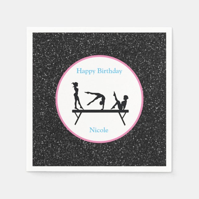 Gymnastics "Happy Birthday" Black Sparkle Napkins (Front)