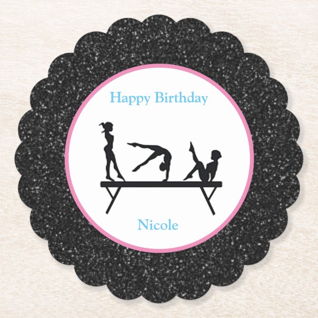 Gymnastics "Happy Birthday" Black Sparkle Paper Coaster (Front)