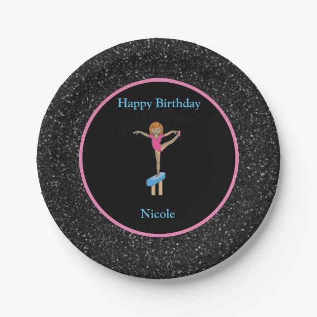 Gymnastics "Happy Birthday" Black Sparkle Paper Plates (Front)