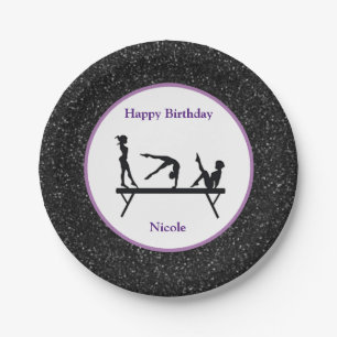 Gymnastics "Happy Birthday" Black Sparkle Paper Plates